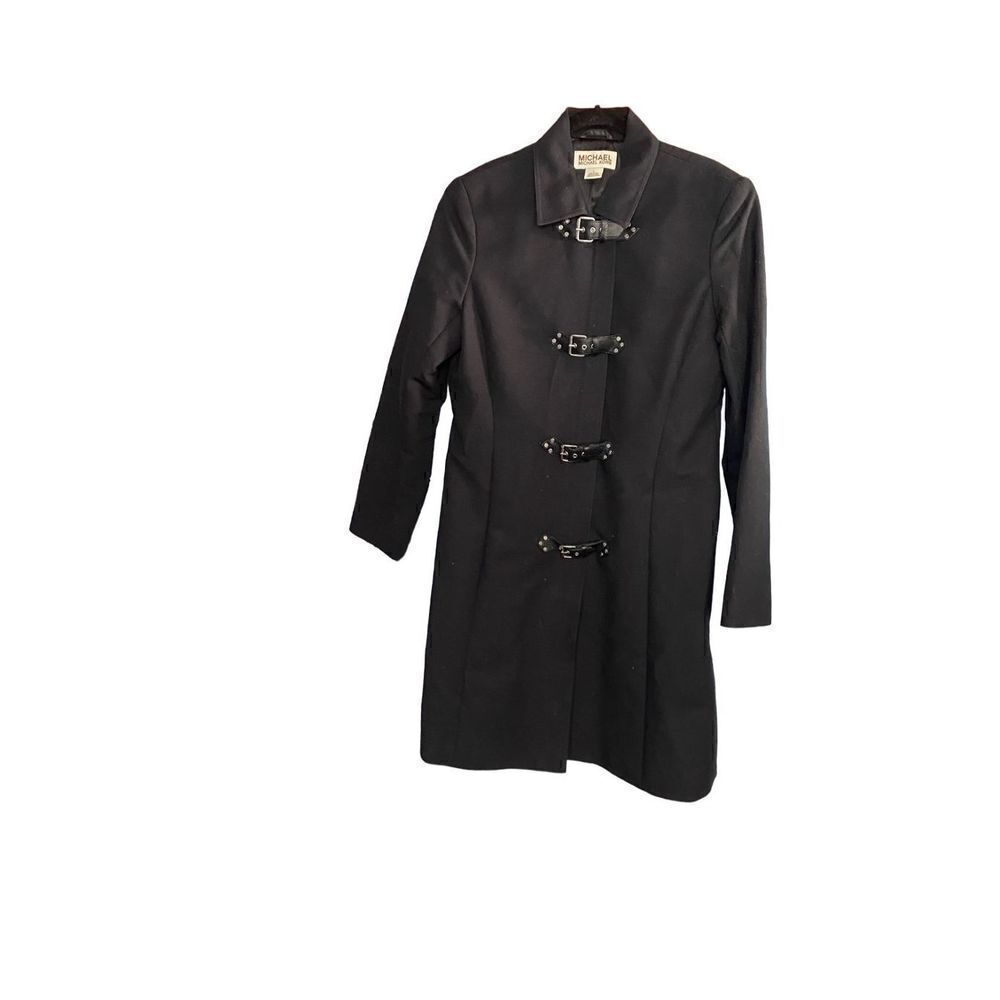 Michael  Michael Kors women’s long, black, silver, leather buckle coat size larg